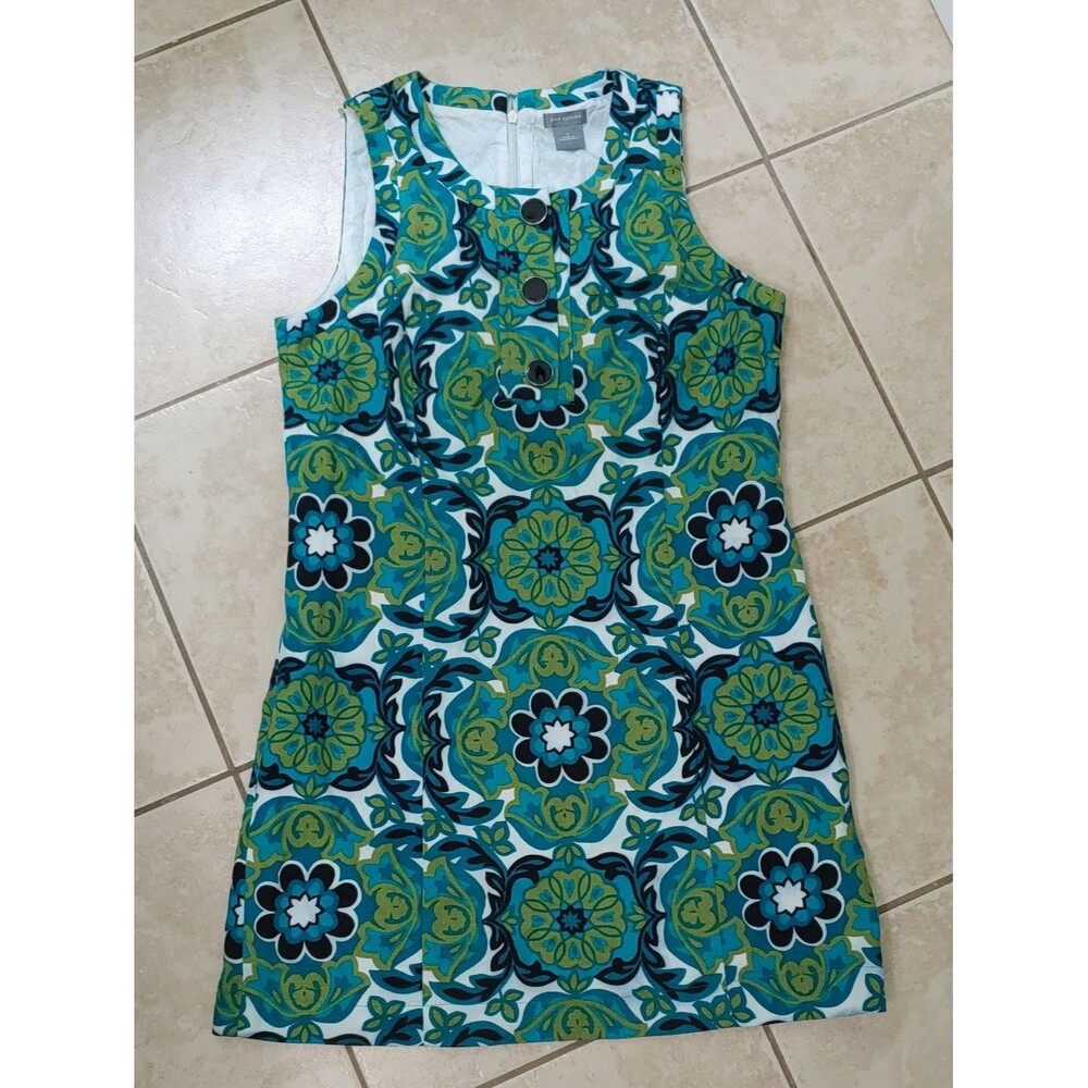 Ann Taylor Sheath Dress Women's 6 Green Floral Cotton Silk Retro Mini Medallion